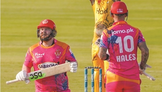 Paul Stirling (left) and Alex Hales of Islamabad United during their PSL match against Peshawar Zalim in Karachi yesterday.