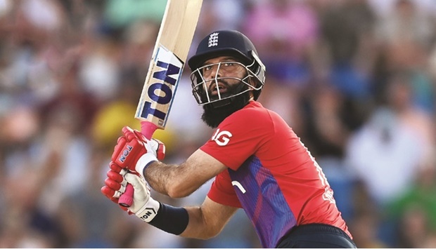 Englandu2019s Moeen Ali in action during the fourth T20I against the West Indies in Bridgetown, Barbados.