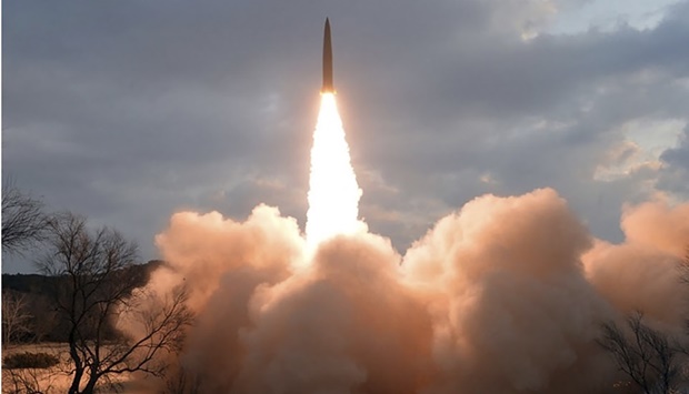 This picture taken on January 27 and released from North Korea's official Korean Central News Agency on January 28 shows what North Korea says is a surface-to-surface tactical guided missile test-fire conducted by the Academy of Defence Science of the DPRK at an undisclosed location. AFP PHOTO/KCNA VIA KNS -