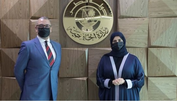 HE Assistant Foreign Minister and Spokesperson for the Ministry of Foreign Affairs Lolwah bint Rashid Al Khater meets with the British Minister of State for Middle East and North Africa James Cleverly