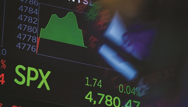 A monitor displays S&P 500 market data on the floor of the New York Stock Exchange. The S&P 500 surged 27% in 2021, surpassing most bullish outlooks. But analysts expect returns to be more modest this year as the Federal Reserve winds down its massive stimulus support to combat rising inflation.