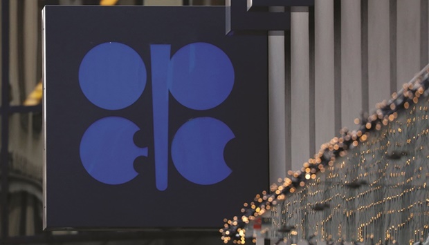 The logo of the Organisation of the Petroleum Exporting Countries (Opec) sits outside its headquarters in Vienna. Opec+ has already restarted about two-thirds of the production they halted in the early stages of the pandemic.