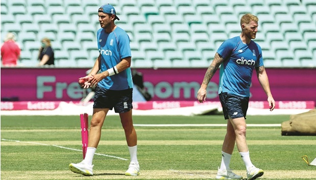 Englandu2019s Stuart Broad (left) and Ben Stokes during a training session at the Sydney Cricket Ground yesterday. (AFP)