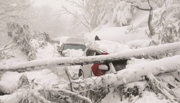 Vehicles stuck under fallen trees on a snowy road in Murree, northeast of Islamabad, in this still image taken from a video yesterday. (Reuters)