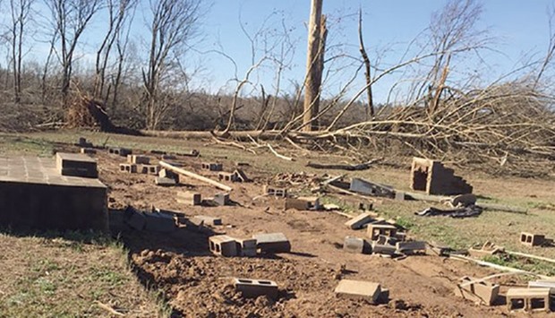 The foundation of a mobile home is seen after a tornado struck Holly Springs, Mississippi, in this National Weather Service (NWS) picture taken on Thursday. A family of five was inside the mobile home and all survived, according to the NWS.