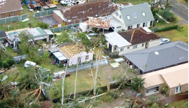 Uprooted trees and damaged roofs in Kurnell after the tornado.     Photo by AFP