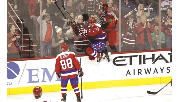 Washington Capitals left wing Jason Chimera celebrates after scoring a goal against the Montreal Canadiens during the third period at Verizon Center in Washington. (USA TODAY Sports)
