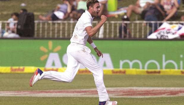 Englandu2019s Stuart Broad celebrates the wicket of South Africau2019s AB de Villiers during the first Test in Durbanyesterday. (Reuters)