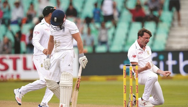 South Africau2019s Steyn celebrates the wicket of Englandu2019s Taylor during the first Test in Durban. (Reuters)