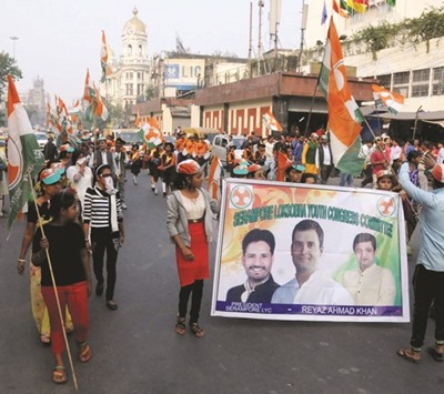 Youth Congress activists participate in a rally organised to mark the Congress Partyu2019s foundation day in Kolkata yesterday.