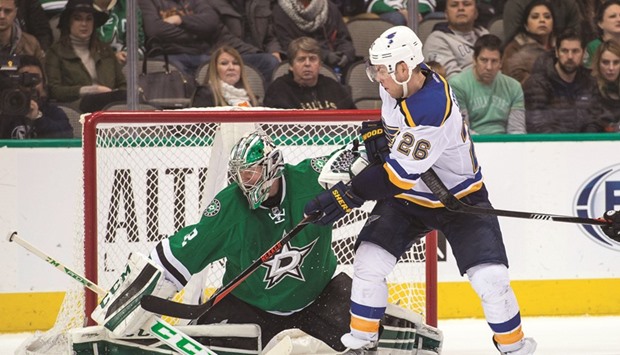 Dallas Stars goalie Kari Lehtonen defends against St. Louis Blues center Paul Stastny (26) during the third period at the American Airlines Center. PICTURE: USA TODAY Sports