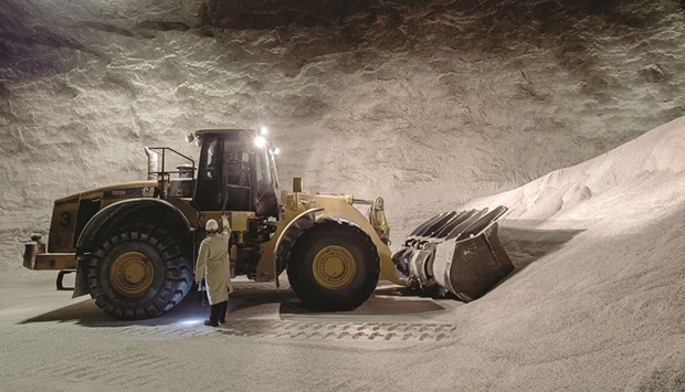 At work: A wheeled excavator picks up rock salt inside the Stetten Salt Mine in Germany.