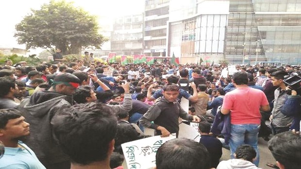 A protest rally near Khaleda Ziau2019s residence in the diplomatic enclave of Dhaka yesterday.