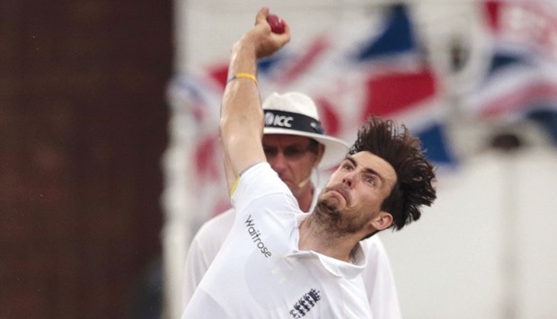 Steven Finn bowls during the fourth day of the first cricket Test against South Africa at the Kingsmead stadium in Durban, South Africa yesterday. (AFP)