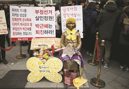 The statue of a girl representing u2018comfort womenu2019 is seen during the weekly anti-Japan rally yesterday in front of Japanese embassy in Seoul.