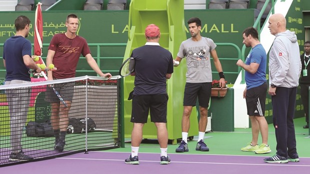 World No.1 Novak Djokovic practices ahead of the Qatar ExxonMobil Open