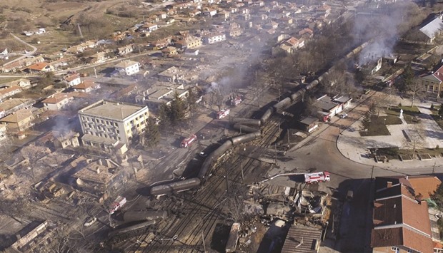 An aerial view shows the wreckage of the train after it derailed and exploded in the northeastern Bulgarian village of Hitrino.