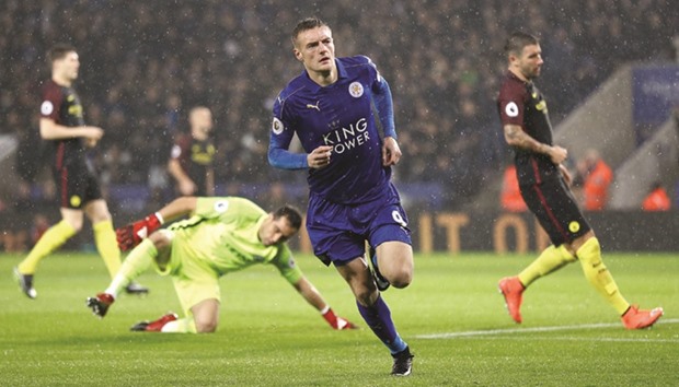 Leicester Cityu2019s Jamie Vardy celebrates after scoring a goal during his teamu2019s 4-2 win over Manchester City yesterday. (Reuters)