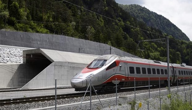 An Italian train making its way at the north entrance of the new Gotthard Base Tunnel, the world's longest train tunnel in this file photo taken on May 31, 2016.