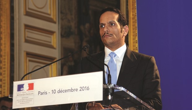 HE the Foreign Minister Sheikh Mohamed bin Abdulrahman al-Thani addressing a press conference in Paris.