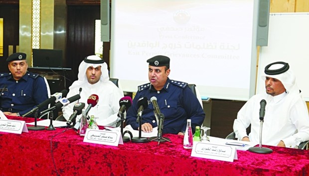 Brig al-Muraikhi (third left) announces the establishment of the Exit Permit Grievances Committee as Maj al-Kubaisi, al-Kuwari and al-Shammari look on.