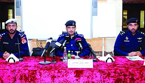 Lt Col Mohamed Radhi al-Hajiri, flanked by Ft Lt Ahmed al Musaifri of Lekhwiya and Ft Lt Fahd al bu-Hindi of the Traffic Department at the press conference yesterday. PICTURE: Jayan Orma.