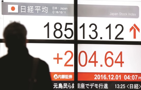A man walks past an electronic quotation board displaying the Nikkei key index in front of a securities company in Tokyo. Japanu2019s benchmark stock index yesterday jumped 1.1% to its best close this year.