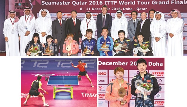 Winners of ITTF World Tour Grand Finals pose with officials and delegates after the conclusion of the event in Doha yesterday. Ma Long won the menu2019s crown, with Zhu Yuling taking the womenu2019s title.  (BOTTOM PHOTO) Action from the menu2019s title clash between Chinau2019s Ma Long and his compatriot Fan Zhendong. Long won 4-2 (11-5, 11-4, 11-9, 7-11, 12-14, 11-9). (RIGHT) Long with womenu2019s winner Zhu Yuling, who beat Germanyu2019s Han Ying 11-9, 12-10, 12-10, 11-3.   PICS: Noushad Thekkayil