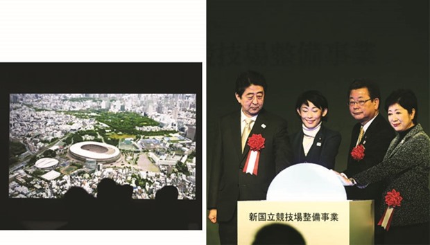 Attendants watch a computer-generated image of the new national stadium during its groundbreaking ceremony in Tokyo yesterday.   RIGHT PHOTO: (From left) Japanu2019s Prime Minister Shinzo Abe, Olympic Minister Tamayo Marukawa, Vice Sports Minister Toshiei Mizuochi and Tokyo Governor Yuriko Koike inaugurate the groundbreaking of the new national stadium during a ceremony in Tokyo yesterday. (AFP)
