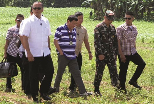 Philippine President Rodrigo Duterte visits troops in Nanagun, Lombayanague in Lanao del Sur in Mindanao island.