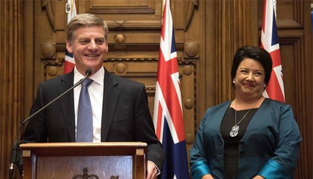 New Zealand's new Prime Minister Bill English speaks to the media beside his deputy Paula Bennett at Parliament in Wellington on Monday.