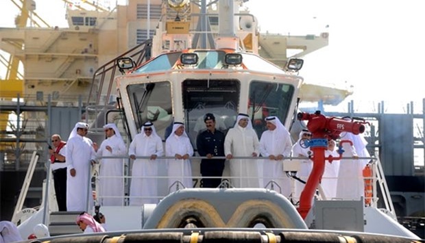 HE the Prime Minister and Minister of Interior Sheikh Abdullah bin Nasser bin Khalifa al-Thani is seen at Hamad Port, which started full operation on Thursday. He is joined by HE the Deputy Prime Minister and Minster of State for Cabinet Affairs Ahmed bin Abdullah bin Zaid al-Mahmoud, HE the Minister of Transport and Communications Seif Ahmed al-Sulaiti, HE the Minister of Economy and Commerce Sheikh Ahmed bin Jassim bin Mohamed al-Thani, and HE the Minister of Municipality and Environment Mohamed bin Abdullah al-Rumaihi. PICTURE: Shemeer Rasheed