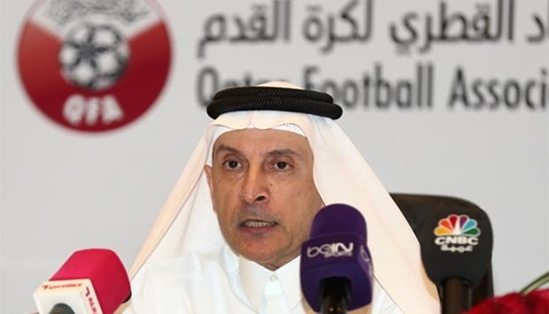Qatar Airways CEO Akbar al-Baker holds a press conference in Doha on Monday on the eve of a friendly football match between FC Barcelona and Saudi's Al-Ahli.