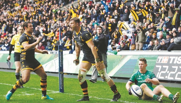 Waspsu2019 Josh Bassett celebrates after he scores a try during Sunday's European Rugby Champions Cup Pool 2 match against Connacht. Wasps won 32-17. (Action Images via Reuters)