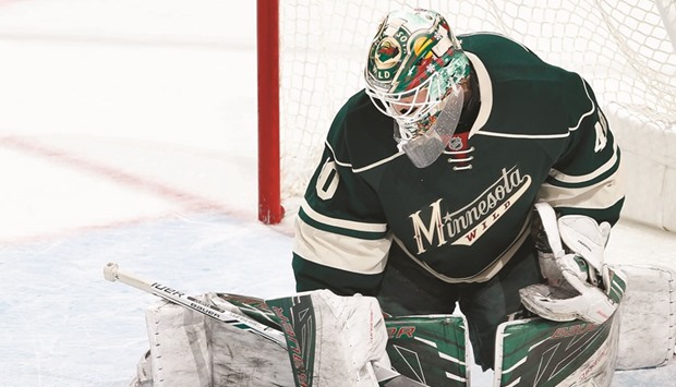 Wild goalie Devan Dubnyk makes a save in the third period against Blues at the Xcel Energy Center in St. Paul, Minnesota. The Wild won 3-1. (Star Tribune/TNS)