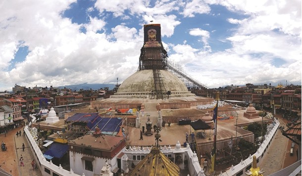 A view of the reconstruction site of Boudhanath stupa, a Unesco Heritage site in Kathmandu. The Boudhanath stupa is undergoing reconstruction procedure as it was badly damaged during the earthquake last year.