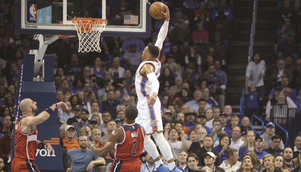 Oklahoma City Thunder guard Russell Westbrook dunks the ball in front of Washington Wizards centre Marcin Gortat (R) during the second quarter at Chesapeake Energy Arena. PICTURE: USA TODAY Sports