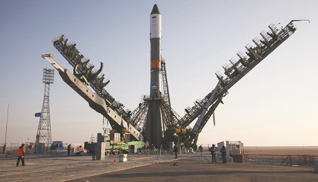 Service towers move towards the Soyuz-U carrier rocket, with the cargo ship Progress MS-04 lifted, on the launch pad at the Russian-leased Baikonur cosmodrome in Kazakhstan. Russiau2019s space agency said yesterday that the unmanned cargo ship was lost shortly after it blasted off for the International Space Station.