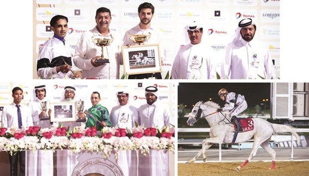 Qatar Racing and Equestrian Club (QREC) vice-chief steward Abdullah Rashid al-Kubaisi (second from right), head of Media Saad Mubarak al-Hajri (right) pose with the winners of the Al Dibal Cup after Sraab won the 1900m race at the QREC yesterday.  Bottom left: Qatar Racing and Equestrian Club (QREC) vice-chief steward Abdullah Rashid al-Kubaisi (second from right) with the winners of the Purebred Arabian Sprint Cup after TM Majid Texas won the race.  Bottom right: Jockey Saleem Golam rides Sraab to victory in the Al Dibal Cup at the QREC yesterday. PICTURES: Juhaim