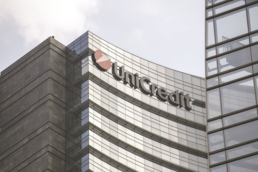 A logo is seen on the exterior of the Unicredit headquarters in Milan. The bank is targeting u20ac4.7bn of net profit in 2019 with a return on tangible equity above 9%, it said in a presentation of its strategic plan yesterday.
