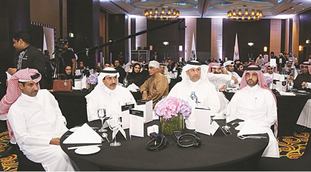 HE Sheikh Ahmed; HE the QCB Governor Sheikh Abdulla bin Saoud al-Thani and al-Khalifa among other dignitaries at the Al-Fikra Competition awards ceremony.