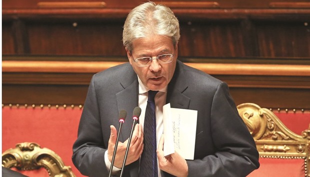 Newly appointed Italian Prime Minister Paolo Gentiloni speaks before a confidence vote at the Senate in Rome yesterday.