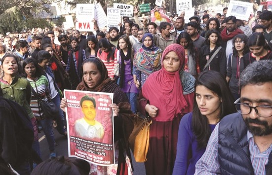 Missing JNU student Najeeb Ahmedu2019s mother Fatima Nafees joins a demonstration against the Delhi policeu2019s inability to find her son, in New Delhi yesterday.