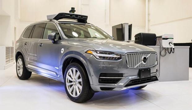 A pilot model of the Uber self-driving car is displayed at the Uber Advanced Technologies Center in Pittsburgh, Pennsylvania.