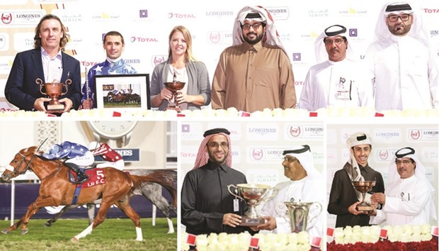 TOP PHOTO: Qatar Racing and Equestrian Club (QREC) general manager Nasser Sherida al-Kaabi (third from right) with the winners of the Qatar Derby Trial for four-year-old Purebred Arabians after Reda won the 1850m race at the QREC yesterday. PICTURES: Juhaim.  BOTTOM LEFT PHOTO: Alberto Sanna (left) rides Shabih Alreeh to victory in the Qatar Derby Trial for three-year-old Arabians.  BOTTOM RIGHT PHOTOS: QRECu2019s Abdullah Rashid al-Kubaisi (right) presents the owners trophies to Sheikh Faisal bin Hamad bin Jassim al-Thani and Khalifa bin Sheail al-Kuwari (far right photo, left) after their respective horses Al Uraiq Secret and Opera Baron won the Qatar Derby Trial for Local Thoroughbreds and Thoroughbreds respectively.