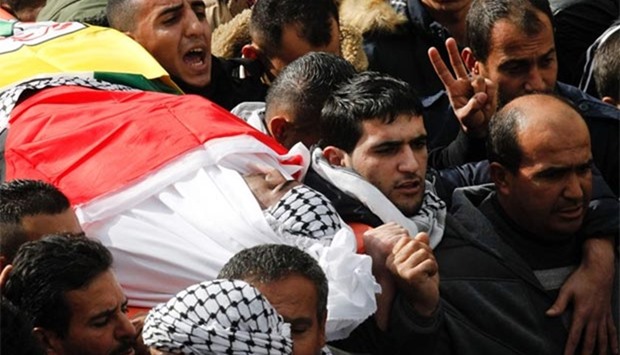Mourners attend the funeral of Firas al-Khadour, a Palestinian man who was killed while allegedly carrying out an attack on Israelis, in the West Bank village of Bani Naim on Saturday.
