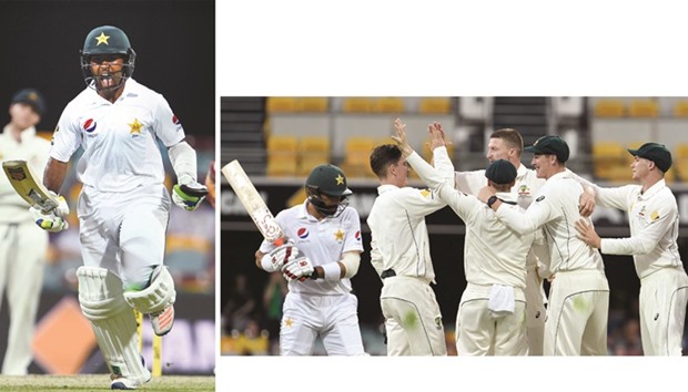 Pakistanu2019s batsman Asad Shafiq celebrates after reaching his century on the fourth day of the first Test against Australia in Brisbane yesterday.   RIGHT: Pakistanu2019s batsman Misbah-ul-Haq (left) walks back as Australiau2019s paceman Jackson Bird (right) celebrates taking the wicket with teammates on Day Four of the first Test in Brisbane yesterday. (AFP)
