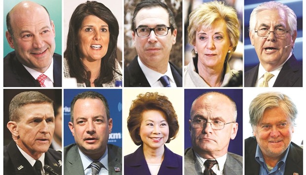 US president-elect Donald Trumpu2019s appointees are seen in this combination image. Top row (left to right)  Gary Cohn, appointed National Economic Council Director, Nikki Haley, appointed US Ambassador to the United Nations, Steven Mnuchin, appointed Treasury Secretary, Linda McMahon, appointed Small Business Administration Administrator, Rex Tillerson, appointed Secretary of State. Bottom Row (left to right) Michael Flynn, appointed National Security Advisor, Reince Priebus, appointed White House Chief of Staff, Elaine Chao, appointed Transportation secretary, Andrew Puzder, appointed Labor Secretary, Stephen Bannon, appointed Chief White House Strategist, Senior Counsellor.