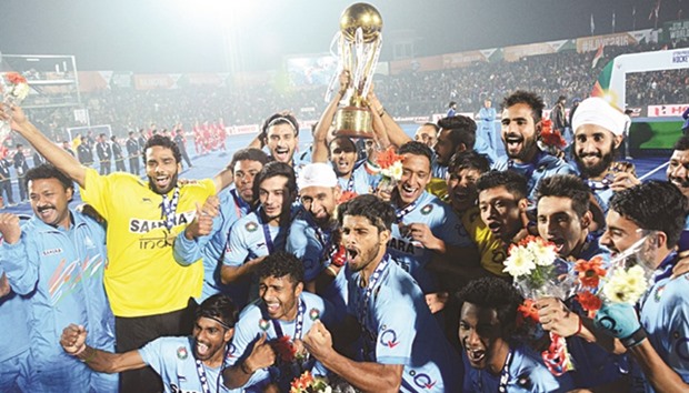 Indian players celebrate after winning the Hockey Junior World Cup in Lucknow, India yesterday. (IANS)