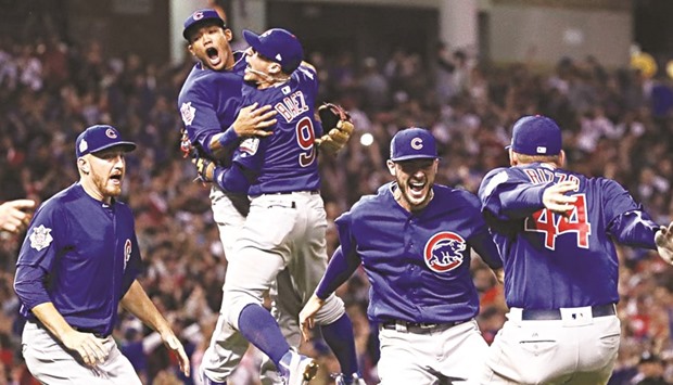 Chicago Cubs celebrate after winning 8-7 in Game Seven of the World Series against Cleveland Indians.